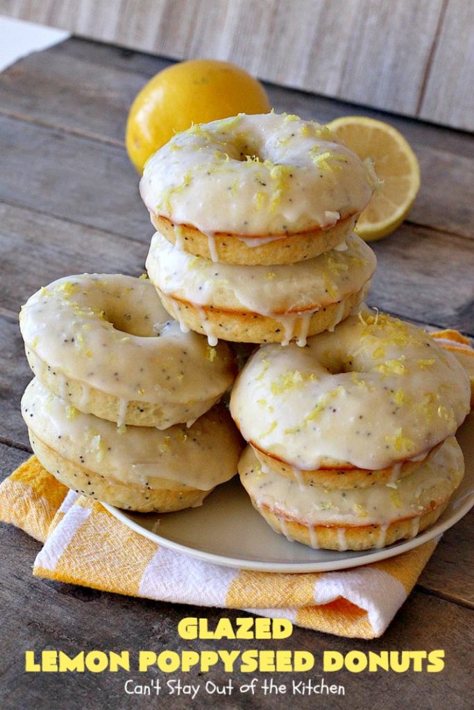 Glazed Lemon Poppyseed Donuts | Can't Stay Out of the Kitchen | these #donuts are awesome! They have #lemon juice & lemon zest in both the donut and icing. Terrific for a weekend or #holiday #breakfast. #poppyseeds #HolidayBreakfast #LemonPoppyseedDonuts #HomemadeDonuts