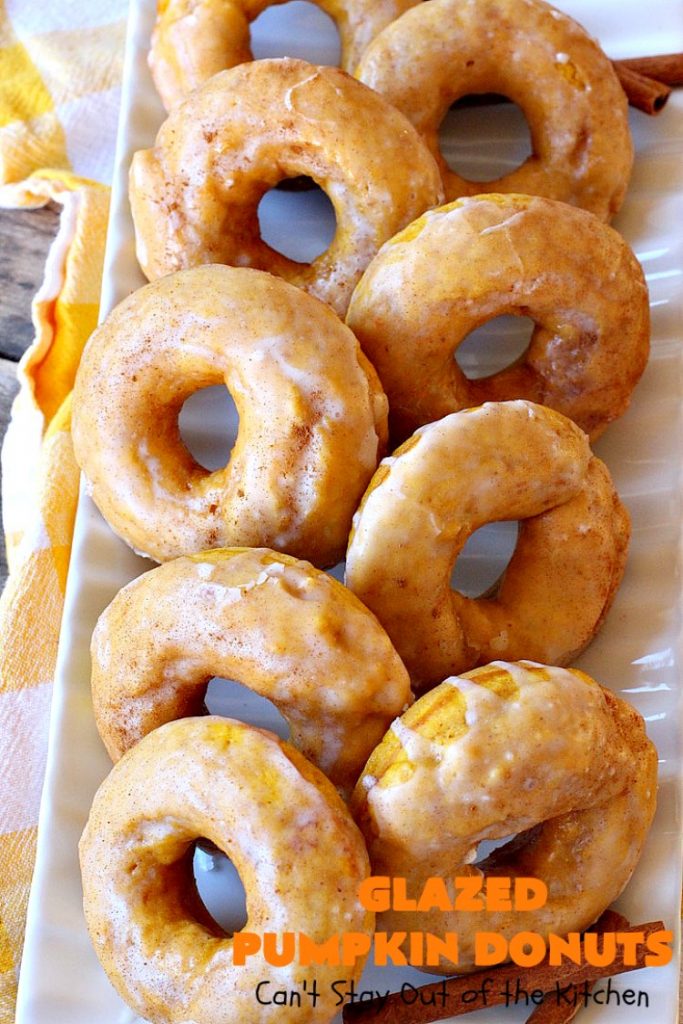 Glazed Pumpkin Donuts | Can't Stay Out of the Kitchen | These #donuts will knock your socks off! They're filled with #pumpkin & pumpkin pie spice. Then they're glazed with vanilla icing & sprinkled with #cinnamon. Terrific for #fall & winter #baking, #holidays & company. #PumpkinDonuts #Breakfast #HolidayBreakfast #NewYearsDay #NewYearsDayBreakfast
