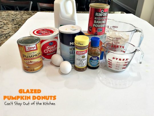 Glazed Pumpkin Donuts | Can't Stay Out of the Kitchen | These #donuts will knock your socks off! They're filled with #pumpkin & pumpkin pie spice. Then they're glazed with vanilla icing & sprinkled with #cinnamon. Terrific for #fall & winter #baking, #holidays & company. #PumpkinDonuts #Breakfast #HolidayBreakfast #NewYearsDay #NewYearsDayBreakfast