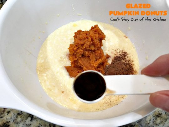 Glazed Pumpkin Donuts | Can't Stay Out of the Kitchen | These #donuts will knock your socks off! They're filled with #pumpkin & pumpkin pie spice. Then they're glazed with vanilla icing & sprinkled with #cinnamon. Terrific for #fall & winter #baking, #holidays & company. #PumpkinDonuts #Breakfast #HolidayBreakfast #NewYearsDay #NewYearsDayBreakfast