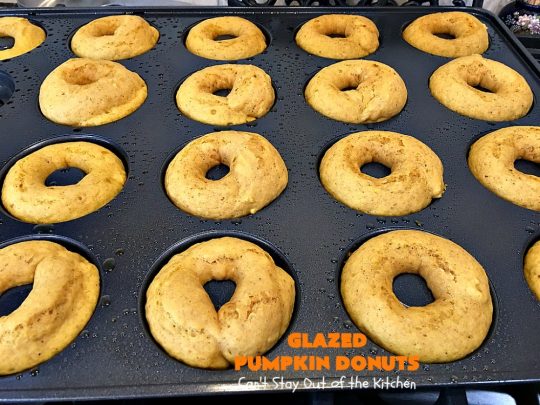 Glazed Pumpkin Donuts | Can't Stay Out of the Kitchen | These #donuts will knock your socks off! They're filled with #pumpkin & pumpkin pie spice. Then they're glazed with vanilla icing & sprinkled with #cinnamon. Terrific for #fall & winter #baking, #holidays & company. #PumpkinDonuts #Breakfast #HolidayBreakfast #NewYearsDay #NewYearsDayBreakfast