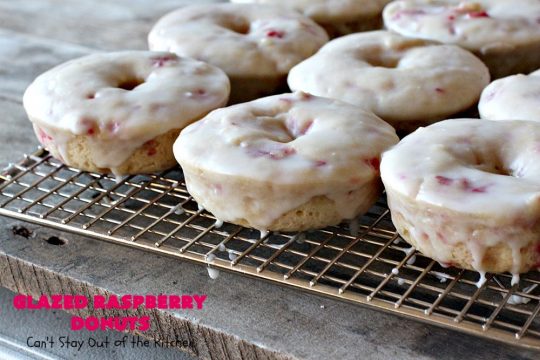 Glazed Raspberry Donuts | Can't Stay Out of the Kitchen | these heavenly #donuts are filled with fresh #Raspberries & both #vanilla & #almond extracts. The icing also includes both extracts. They will have you salivating from the first bite. Terrific for #ValentinesDayBreakfast. #Breakfast #Holiday #Raspberry #HolidayBreakfast #RaspberryDonuts #brunch #Christmas #HolidayBrunch #ChristmasBreakfast #FourthofJulyBreakfast