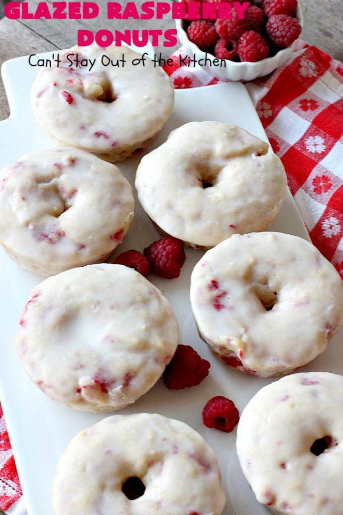 Glazed Raspberry Donuts | Can't Stay Out of the Kitchen | these heavenly #donuts are filled with fresh #Raspberries & both #vanilla & #almond extracts. The icing also includes both extracts. They will have you salivating from the first bite. Terrific for #ValentinesDayBreakfast. #Breakfast #Holiday #Raspberry #HolidayBreakfast #RaspberryDonuts #brunch #Christmas #HolidayBrunch #ChristmasBreakfast #FourthofJulyBreakfast