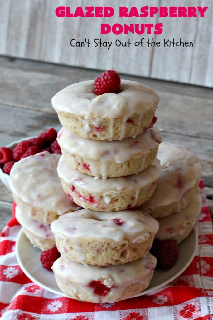 Glazed Raspberry Donuts | Can't Stay Out of the Kitchen | these heavenly #donuts are filled with fresh #Raspberries & both #vanilla & #almond extracts. The icing also includes both extracts. They will have you salivating from the first bite. Terrific for #ValentinesDayBreakfast. #Breakfast #Holiday #Raspberry #HolidayBreakfast #RaspberryDonuts #brunch #Christmas #HolidayBrunch #ChristmasBreakfast #FourthofJulyBreakfast
