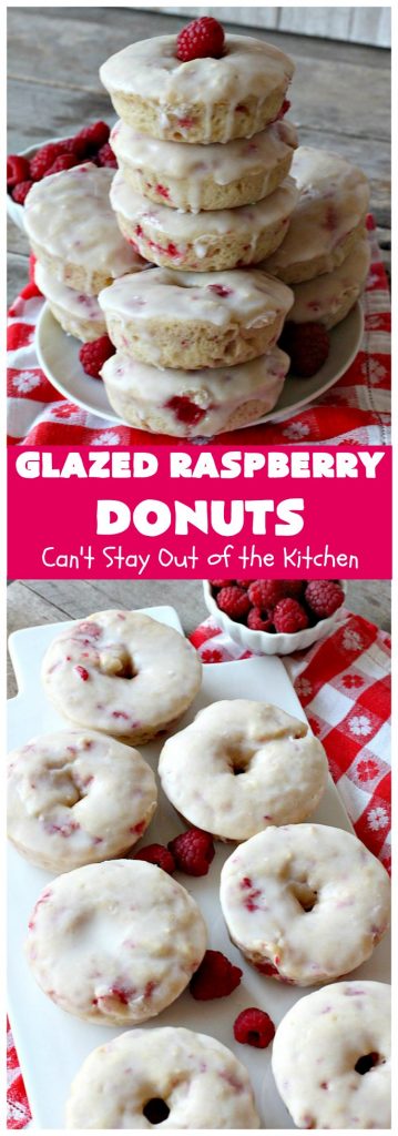 Glazed Raspberry Donuts | Can't Stay Out of the Kitchen | these heavenly #donuts are filled with fresh #Raspberries & both #vanilla & #almond extracts. The icing also includes both extracts. They will have you salivating from the first bite. Terrific for #ValentinesDayBreakfast. #Breakfast #Holiday #Raspberry #HolidayBreakfast #RaspberryDonuts #brunch #Christmas #HolidayBrunch #ChristmasBreakfast #FourthofJulyBreakfast