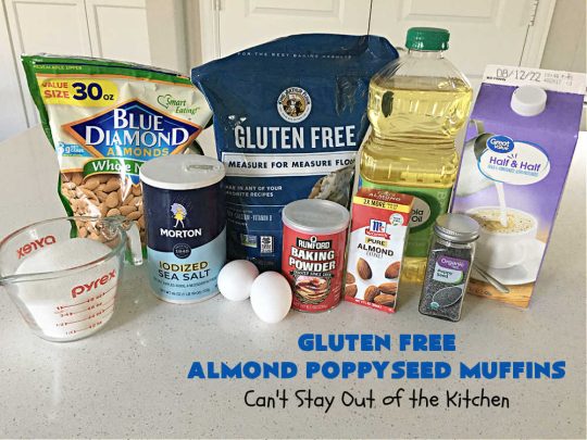 Gluten Free Almond Poppyseed Muffins | Can't Stay Out of the Kitchen | these moist, delicious #muffins include both #AlmondExtract & diced #almonds along with #poppyseeds for a wonderfully delightful & yummy #breakfast or #brunch idea. Using #GlutenFree #KingArthurFlour allows your GF family or friends to also enjoy these fantastic #BreakfastMuffins. Great for a weekend, company or #holiday breakfast especially #Thanksgiving or #Christmas. #GlutenFreeAlmondPoppyseedMuffins