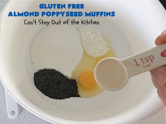 Gluten Free Almond Poppyseed Muffins | Can't Stay Out of the Kitchen | these moist, delicious #muffins include both #AlmondExtract & diced #almonds along with #poppyseeds for a wonderfully delightful & yummy #breakfast or #brunch idea. Using #GlutenFree #KingArthurFlour allows your GF family or friends to also enjoy these fantastic #BreakfastMuffins. Great for a weekend, company or #holiday breakfast especially #Thanksgiving or #Christmas. #GlutenFreeAlmondPoppyseedMuffins