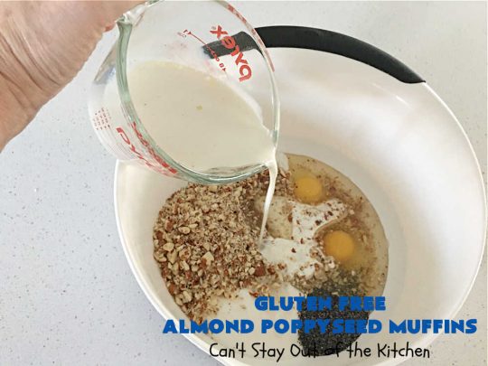 Gluten Free Almond Poppyseed Muffins | Can't Stay Out of the Kitchen | these moist, delicious #muffins include both #AlmondExtract & diced #almonds along with #poppyseeds for a wonderfully delightful & yummy #breakfast or #brunch idea. Using #GlutenFree #KingArthurFlour allows your GF family or friends to also enjoy these fantastic #BreakfastMuffins. Great for a weekend, company or #holiday breakfast especially #Thanksgiving or #Christmas. #GlutenFreeAlmondPoppyseedMuffins