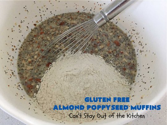 Gluten Free Almond Poppyseed Muffins | Can't Stay Out of the Kitchen | these moist, delicious #muffins include both #AlmondExtract & diced #almonds along with #poppyseeds for a wonderfully delightful & yummy #breakfast or #brunch idea. Using #GlutenFree #KingArthurFlour allows your GF family or friends to also enjoy these fantastic #BreakfastMuffins. Great for a weekend, company or #holiday breakfast especially #Thanksgiving or #Christmas. #GlutenFreeAlmondPoppyseedMuffins