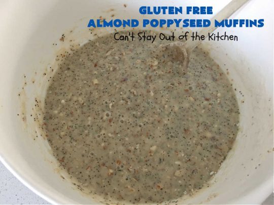 Gluten Free Almond Poppyseed Muffins | Can't Stay Out of the Kitchen | these moist, delicious #muffins include both #AlmondExtract & diced #almonds along with #poppyseeds for a wonderfully delightful & yummy #breakfast or #brunch idea. Using #GlutenFree #KingArthurFlour allows your GF family or friends to also enjoy these fantastic #BreakfastMuffins. Great for a weekend, company or #holiday breakfast especially #Thanksgiving or #Christmas. #GlutenFreeAlmondPoppyseedMuffins