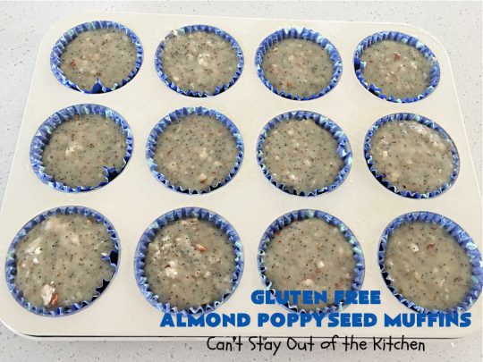 Gluten Free Almond Poppyseed Muffins | Can't Stay Out of the Kitchen | these moist, delicious #muffins include both #AlmondExtract & diced #almonds along with #poppyseeds for a wonderfully delightful & yummy #breakfast or #brunch idea. Using #GlutenFree #KingArthurFlour allows your GF family or friends to also enjoy these fantastic #BreakfastMuffins. Great for a weekend, company or #holiday breakfast especially #Thanksgiving or #Christmas. #GlutenFreeAlmondPoppyseedMuffins