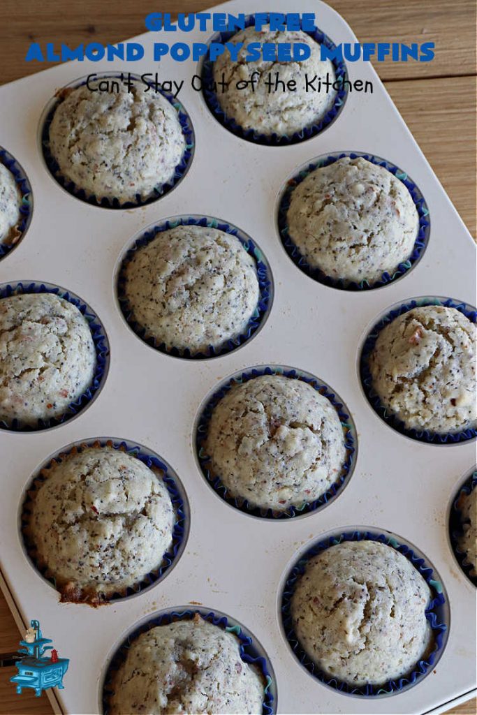 Gluten Free Almond Poppyseed Muffins | Can't Stay Out of the Kitchen | these moist, delicious #muffins include both #AlmondExtract & diced #almonds along with #poppyseeds for a wonderfully delightful & yummy #breakfast or #brunch idea. Using #GlutenFree #KingArthurFlour allows your GF family or friends to also enjoy these fantastic #BreakfastMuffins. Great for a weekend, company or #holiday breakfast especially #Thanksgiving or #Christmas. #GlutenFreeAlmondPoppyseedMuffins