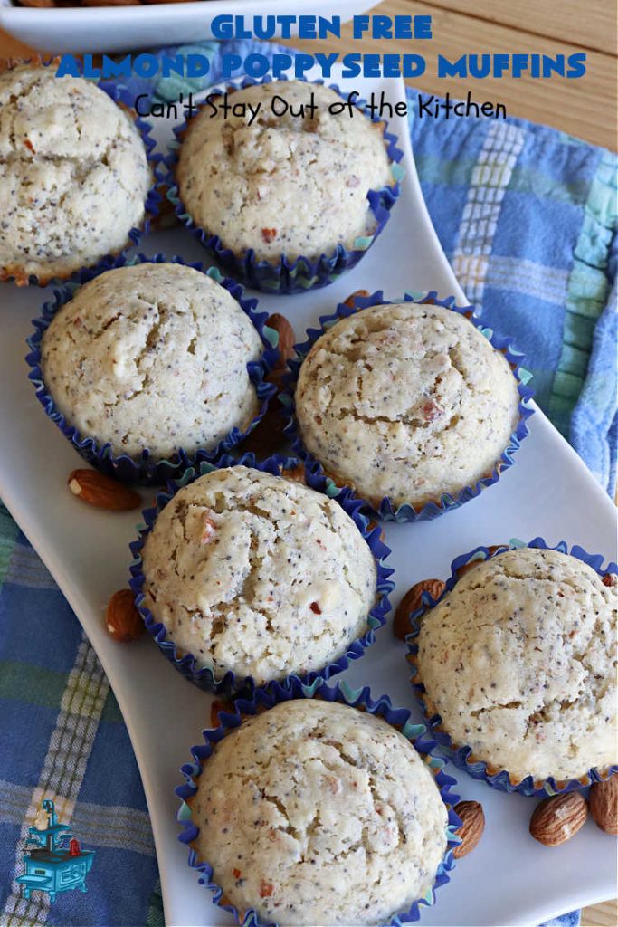 Gluten Free Almond Poppyseed Muffins | Can't Stay Out of the Kitchen | these moist, delicious #muffins include both #AlmondExtract & diced #almonds along with #poppyseeds for a wonderfully delightful & yummy #breakfast or #brunch idea. Using #GlutenFree #KingArthurFlour allows your GF family or friends to also enjoy these fantastic #BreakfastMuffins. Great for a weekend, company or #holiday breakfast especially #Thanksgiving or #Christmas. #GlutenFreeAlmondPoppyseedMuffins