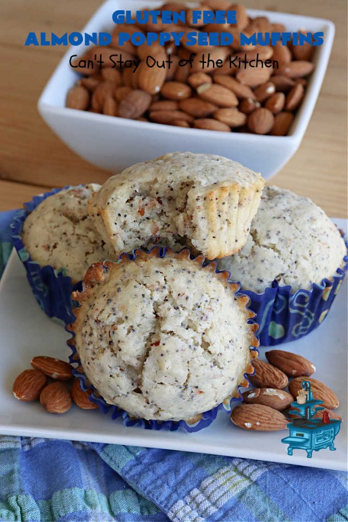 Gluten Free Almond Poppyseed Muffins | Can't Stay Out of the Kitchen | these moist, delicious #muffins include both #AlmondExtract & diced #almonds along with #poppyseeds for a wonderfully delightful & yummy #breakfast or #brunch idea. Using #GlutenFree #KingArthurFlour allows your GF family or friends to also enjoy these fantastic #BreakfastMuffins. Great for a weekend, company or #holiday breakfast especially #Thanksgiving or #Christmas. #GlutenFreeAlmondPoppyseedMuffins