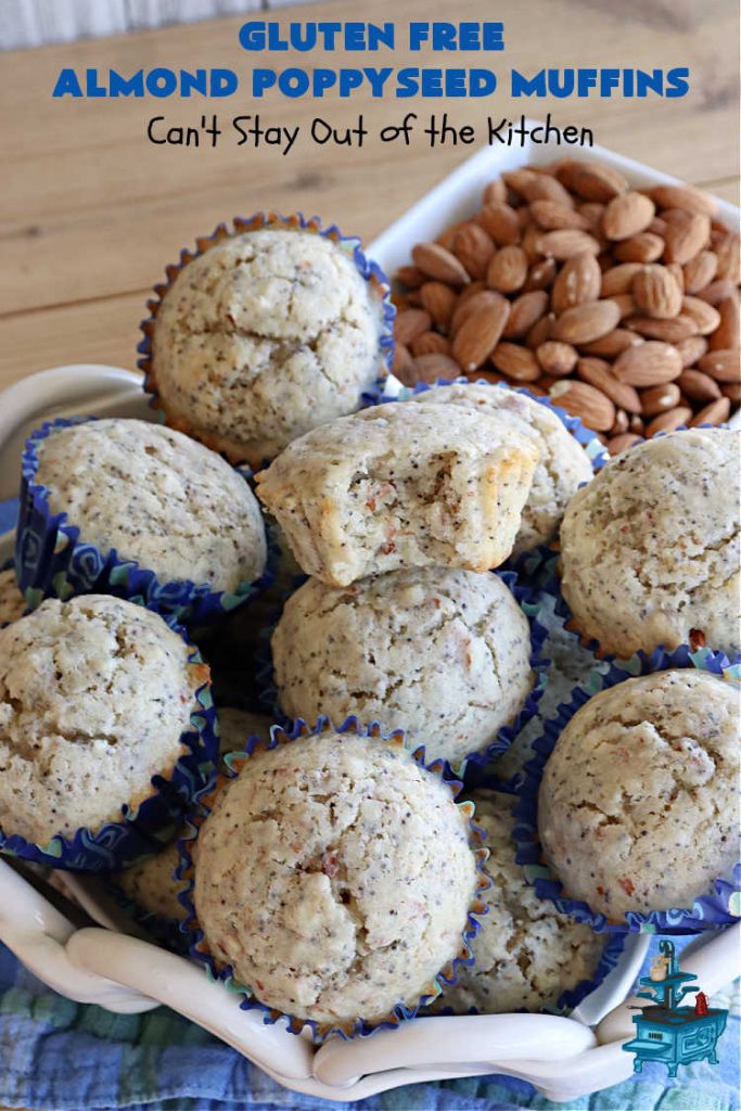 Gluten Free Almond Poppyseed Muffins | Can't Stay Out of the Kitchen | these moist, delicious #muffins include both #AlmondExtract & diced #almonds along with #poppyseeds for a wonderfully delightful & yummy #breakfast or #brunch idea. Using #GlutenFree #KingArthurFlour allows your GF family or friends to also enjoy these fantastic #BreakfastMuffins. Great for a weekend, company or #holiday breakfast especially #Thanksgiving or #Christmas. #GlutenFreeAlmondPoppyseedMuffins