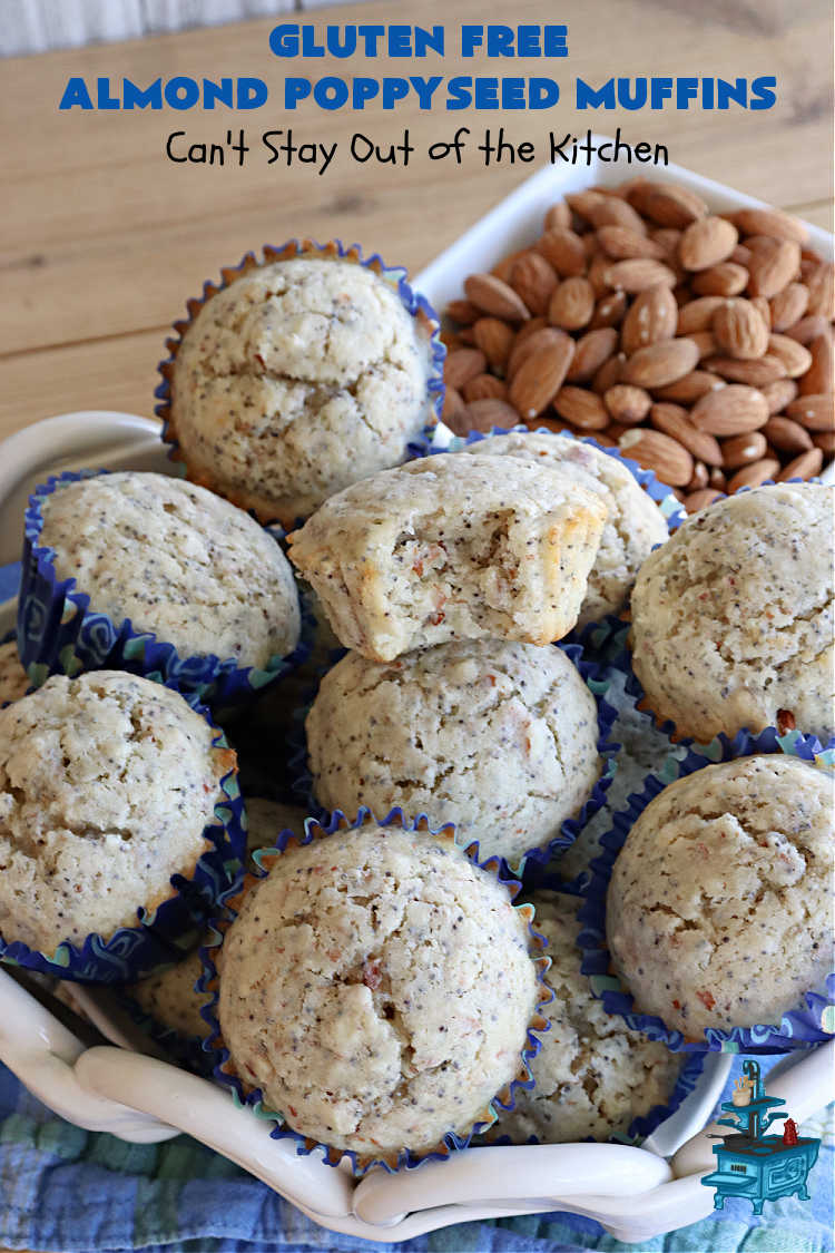 Gluten Free Almond Poppyseed Muffins | Can't Stay Out of the Kitchen | these moist, delicious #muffins include both #AlmondExtract & diced #almonds along with #poppyseeds for a wonderfully delightful & yummy #breakfast or #brunch idea. Using #GlutenFree #KingArthurFlour allows your GF family or friends to also enjoy these fantastic #BreakfastMuffins. Great for a weekend, company or #holiday breakfast especially #Thanksgiving or #Christmas. #GlutenFreeAlmondPoppyseedMuffins