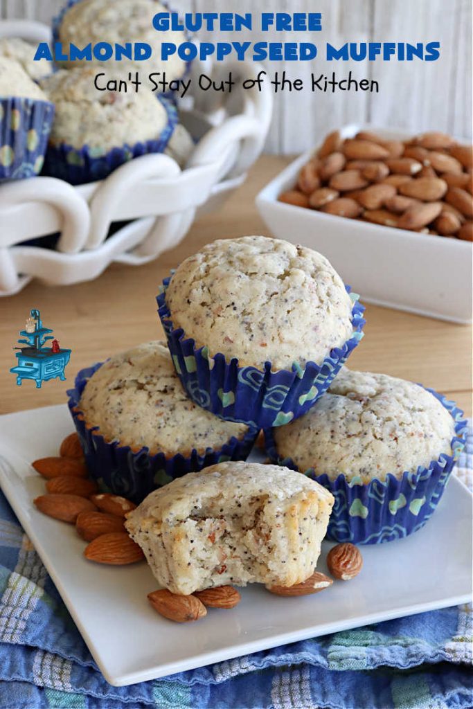 Gluten Free Almond Poppyseed Muffins | Can't Stay Out of the Kitchen | these moist, delicious #muffins include both #AlmondExtract & diced #almonds along with #poppyseeds for a wonderfully delightful & yummy #breakfast or #brunch idea. Using #GlutenFree #KingArthurFlour allows your GF family or friends to also enjoy these fantastic #BreakfastMuffins. Great for a weekend, company or #holiday breakfast especially #Thanksgiving or #Christmas. #GlutenFreeAlmondPoppyseedMuffins