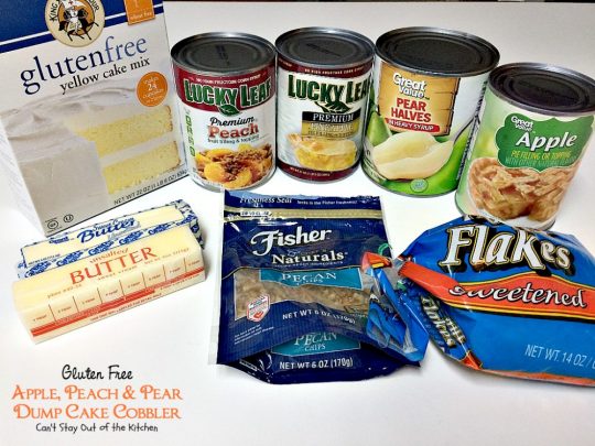 Gluten Free Apple, Peach & Pear Dump Cake Cobbler | Can't Stay Out of the Kitchen | we love this amazing #cobbler. Quick and easy starting with a #glutenfree #cakemix. #applepiefilling #peachpiefilling #pineapplepie filling #dessert