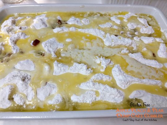 Gluten Free Apple, Peach & Pear Dump Cake Cobbler | Can't Stay Out of the Kitchen | we love this amazing #cobbler. Quick and easy starting with a #glutenfree #cakemix. #applepiefilling #peachpiefilling #pineapplepie filling #dessert