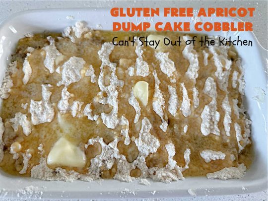 Gluten Free Apricot Dump Cake Cobbler | Can't Stay Out of the Kitchen | this super easy 5-ingredient #recipe can be made with regular #CakeMix or #GlutenFreeCakeMix, whichever you prefer. It's made with #ApricotPieFilling, #coconut & #walnuts. This drool-worthy #dessert is fantastic for potlucks, backyard BBQs, or family or company dinners. #apricots #cake #DumpCake #cobbler #ApricotCobbler #GlutenFreeApricotDumpCakeCobbler
