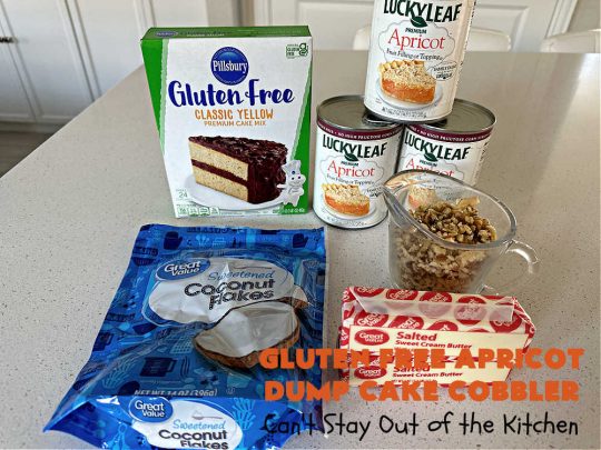 Gluten Free Apricot Dump Cake Cobbler | Can't Stay Out of the Kitchen | this super easy 5-ingredient #recipe can be made with regular #CakeMix or #GlutenFreeCakeMix, whichever you prefer. It's made with #ApricotPieFilling, #coconut & #walnuts. This drool-worthy #dessert is fantastic for potlucks, backyard BBQs, or family or company dinners. #apricots #cake #DumpCake #cobbler #ApricotCobbler #GlutenFreeApricotDumpCakeCobbler