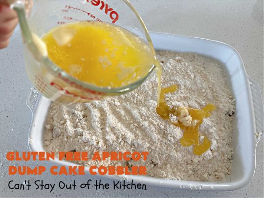 Gluten Free Apricot Dump Cake Cobbler | Can't Stay Out of the Kitchen | this super easy 5-ingredient #recipe can be made with regular #CakeMix or #GlutenFreeCakeMix, whichever you prefer. It's made with #ApricotPieFilling, #coconut & #walnuts. This drool-worthy #dessert is fantastic for potlucks, backyard BBQs, or family or company dinners. #apricots #cake #DumpCake #cobbler #ApricotCobbler #GlutenFreeApricotDumpCakeCobbler