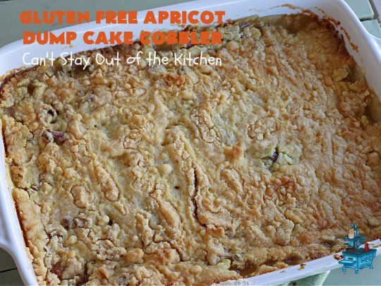 Gluten Free Apricot Dump Cake Cobbler | Can't Stay Out of the Kitchen | this super easy 5-ingredient #recipe can be made with regular #CakeMix or #GlutenFreeCakeMix, whichever you prefer. It's made with #ApricotPieFilling, #coconut & #walnuts. This drool-worthy #dessert is fantastic for potlucks, backyard BBQs, or family or company dinners. #apricots #cake #DumpCake #cobbler #ApricotCobbler #GlutenFreeApricotDumpCakeCobbler