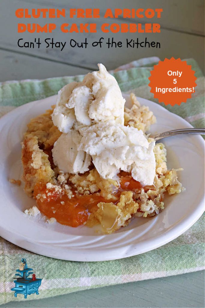 Gluten Free Apricot Dump Cake Cobbler | Can't Stay Out of the Kitchen | this super easy 5-ingredient #recipe can be made with regular #CakeMix or #GlutenFreeCakeMix, whichever you prefer. It's made with #ApricotPieFilling, #coconut & #walnuts. This drool-worthy #dessert is fantastic for potlucks, backyard BBQs, or family or company dinners. #apricots #cake #DumpCake #cobbler #ApricotCobbler #GlutenFreeApricotDumpCakeCobbler