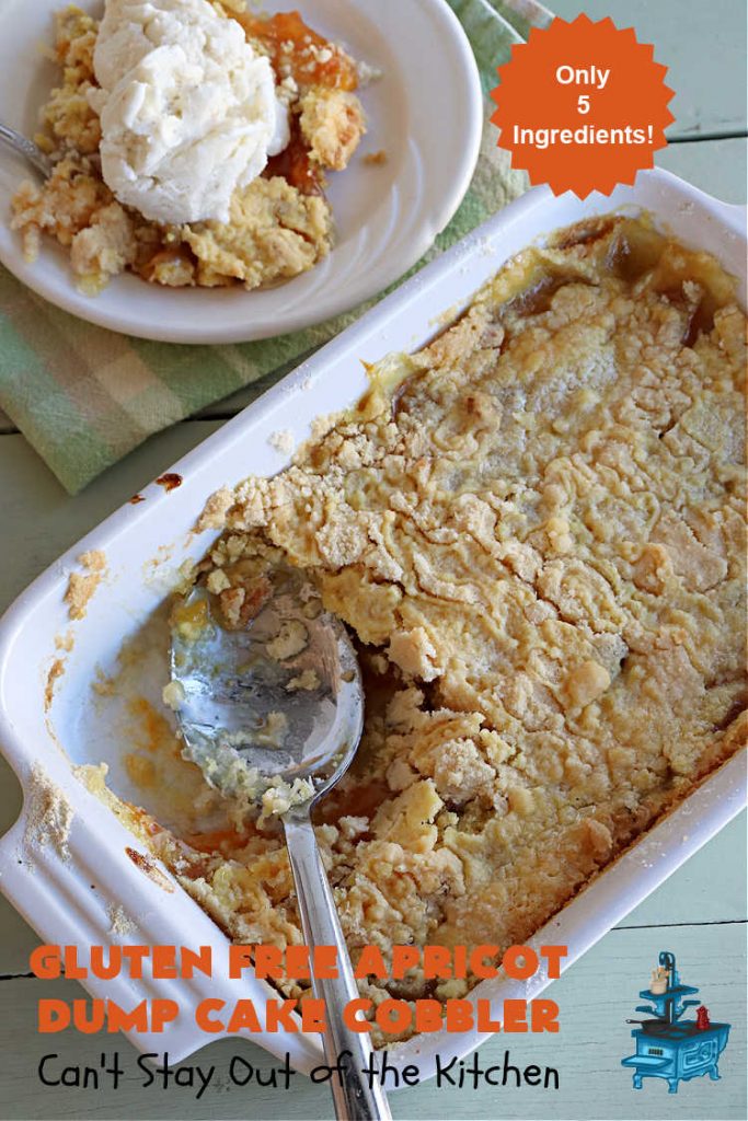 Gluten Free Apricot Dump Cake Cobbler | Can't Stay Out of the Kitchen | this super easy 5-ingredient #recipe can be made with regular #CakeMix or #GlutenFreeCakeMix, whichever you prefer. It's made with #ApricotPieFilling, #coconut & #walnuts. This drool-worthy #dessert is fantastic for potlucks, backyard BBQs, or family or company dinners. #apricots #cake #DumpCake #cobbler #ApricotCobbler #GlutenFreeApricotDumpCakeCobbler