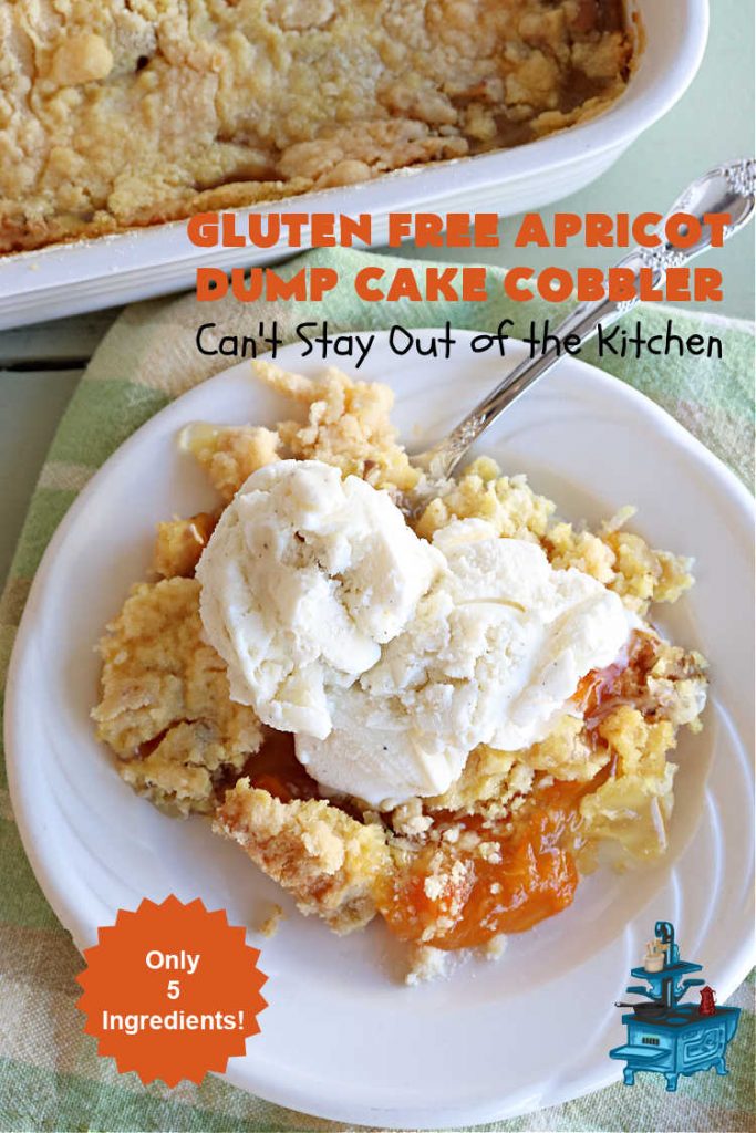 Gluten Free Apricot Dump Cake Cobbler | Can't Stay Out of the Kitchen | this super easy 5-ingredient #recipe can be made with regular #CakeMix or #GlutenFreeCakeMix, whichever you prefer. It's made with #ApricotPieFilling, #coconut & #walnuts. This drool-worthy #dessert is fantastic for potlucks, backyard BBQs, or family or company dinners. #apricots #cake #DumpCake #cobbler #ApricotCobbler #GlutenFreeApricotDumpCakeCobbler