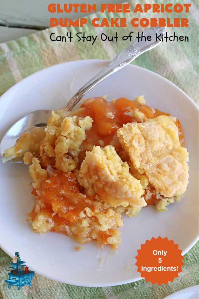 Gluten Free Apricot Dump Cake Cobbler | Can't Stay Out of the Kitchen | this super easy 5-ingredient #recipe can be made with regular #CakeMix or #GlutenFreeCakeMix, whichever you prefer. It's made with #ApricotPieFilling, #coconut & #walnuts. This drool-worthy #dessert is fantastic for potlucks, backyard BBQs, or family or company dinners. #apricots #cake #DumpCake #cobbler #ApricotCobbler #GlutenFreeApricotDumpCakeCobbler