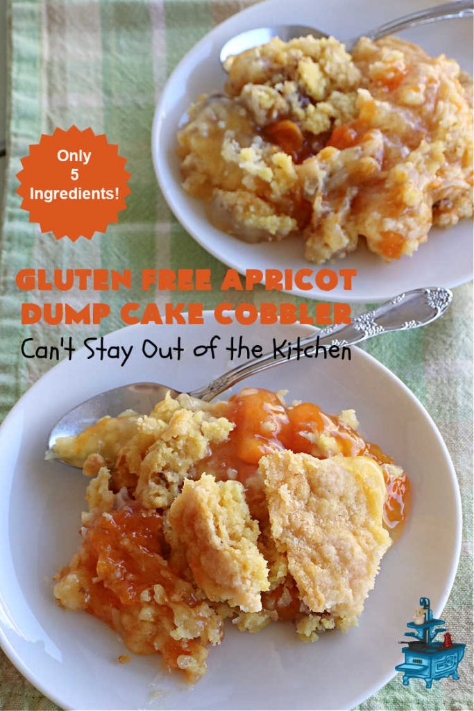 Gluten Free Apricot Dump Cake Cobbler | Can't Stay Out of the Kitchen | this super easy 5-ingredient #recipe can be made with regular #CakeMix or #GlutenFreeCakeMix, whichever you prefer. It's made with #ApricotPieFilling, #coconut & #walnuts. This drool-worthy #dessert is fantastic for potlucks, backyard BBQs, or family or company dinners. #apricots #cake #DumpCake #cobbler #ApricotCobbler #GlutenFreeApricotDumpCakeCobbler