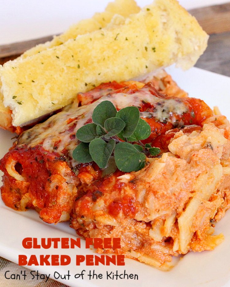 Gluten Free Baked Penne | Can't Stay Out of the Kitchen | You'll never believe you're eating #GlutenFree with this amazing #pasta entree. It's filled with 3 cheeses so it's hearty, filling & very satisfying comfort food. Our company raved over it. #RicottaCheese #MozzarellaCheese #ParmesanCheese #RonzoniGlutenFreePasta #GlutenFreePasta #MeatlessMondays #Italian