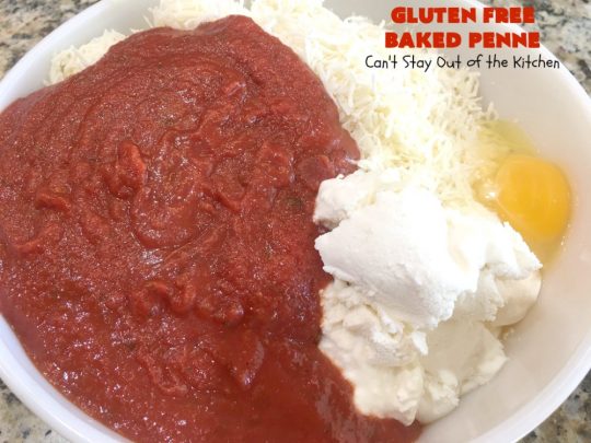Gluten Free Baked Penne | Can't Stay Out of the Kitchen | You'll never believe you're eating #GlutenFree with this amazing #pasta entree. It's filled with 3 cheeses so it's hearty, filling & very satisfying comfort food. Our company raved over it. #RicottaCheese #MozzarellaCheese #ParmesanCheese #RonzoniGlutenFreePasta #GlutenFreePasta #MeatlessMondays #Italian