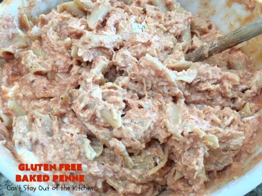 Gluten Free Baked Penne | Can't Stay Out of the Kitchen | You'll never believe you're eating #GlutenFree with this amazing #pasta entree. It's filled with 3 cheeses so it's hearty, filling & very satisfying comfort food. Our company raved over it. #RicottaCheese #MozzarellaCheese #ParmesanCheese #RonzoniGlutenFreePasta #GlutenFreePasta #MeatlessMondays #Italian