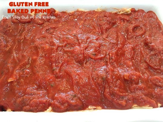 Gluten Free Baked Penne | Can't Stay Out of the Kitchen | You'll never believe you're eating #GlutenFree with this amazing #pasta entree. It's filled with 3 cheeses so it's hearty, filling & very satisfying comfort food. Our company raved over it. #RicottaCheese #MozzarellaCheese #ParmesanCheese #RonzoniGlutenFreePasta #GlutenFreePasta #MeatlessMondays #Italian