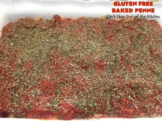 Gluten Free Baked Penne | Can't Stay Out of the Kitchen | You'll never believe you're eating #GlutenFree with this amazing #pasta entree. It's filled with 3 cheeses so it's hearty, filling & very satisfying comfort food. Our company raved over it. #RicottaCheese #MozzarellaCheese #ParmesanCheese #RonzoniGlutenFreePasta #GlutenFreePasta #MeatlessMondays #Italian