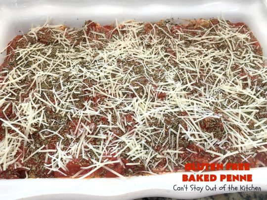 Gluten Free Baked Penne | Can't Stay Out of the Kitchen | You'll never believe you're eating #GlutenFree with this amazing #pasta entree. It's filled with 3 cheeses so it's hearty, filling & very satisfying comfort food. Our company raved over it. #RicottaCheese #MozzarellaCheese #ParmesanCheese #RonzoniGlutenFreePasta #GlutenFreePasta #MeatlessMondays #Italian