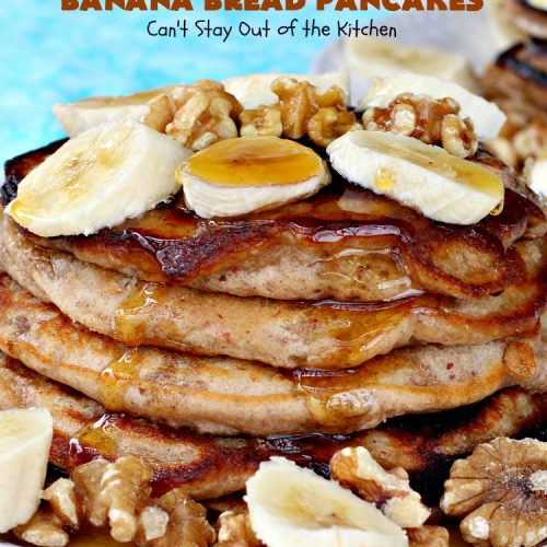 Gluten Free Banana Bread Pancakes | Can't Stay Out of the Kitchen | these luscious #pancakes remind you of homemade #BananaBread. They're filled with #bananas, #walnuts & cinnamon for extraordinary flavor. Plus they're made with #GlutenFree flour. Wonderful for a weekend, company or #holiday #breakfast. #BananaBreadPancakes #MapleSyrup #GlutenFreeBananaBreadPancakes