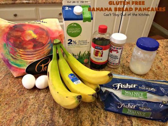 Gluten Free Banana Bread Pancakes | Can't Stay Out of the Kitchen | these luscious #pancakes remind you of homemade #BananaBread. They're filled with #bananas, #walnuts & cinnamon for extraordinary flavor. Plus they're made with #GlutenFree flour. Wonderful for a weekend, company or #holiday #breakfast. #BananaBreadPancakes #MapleSyrup #GlutenFreeBananaBreadPancakes