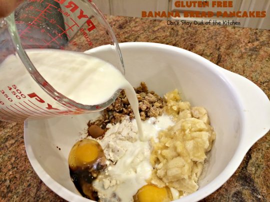 Gluten Free Banana Bread Pancakes | Can't Stay Out of the Kitchen | these luscious #pancakes remind you of homemade #BananaBread. They're filled with #bananas, #walnuts & cinnamon for extraordinary flavor. Plus they're made with #GlutenFree flour. Wonderful for a weekend, company or #holiday #breakfast. #BananaBreadPancakes #MapleSyrup #GlutenFreeBananaBreadPancakes