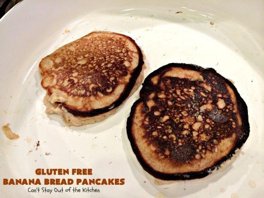 Gluten Free Banana Bread Pancakes | Can't Stay Out of the Kitchen | these luscious #pancakes remind you of homemade #BananaBread. They're filled with #bananas, #walnuts & cinnamon for extraordinary flavor. Plus they're made with #GlutenFree flour. Wonderful for a weekend, company or #holiday #breakfast. #BananaBreadPancakes #MapleSyrup #GlutenFreeBananaBreadPancakes