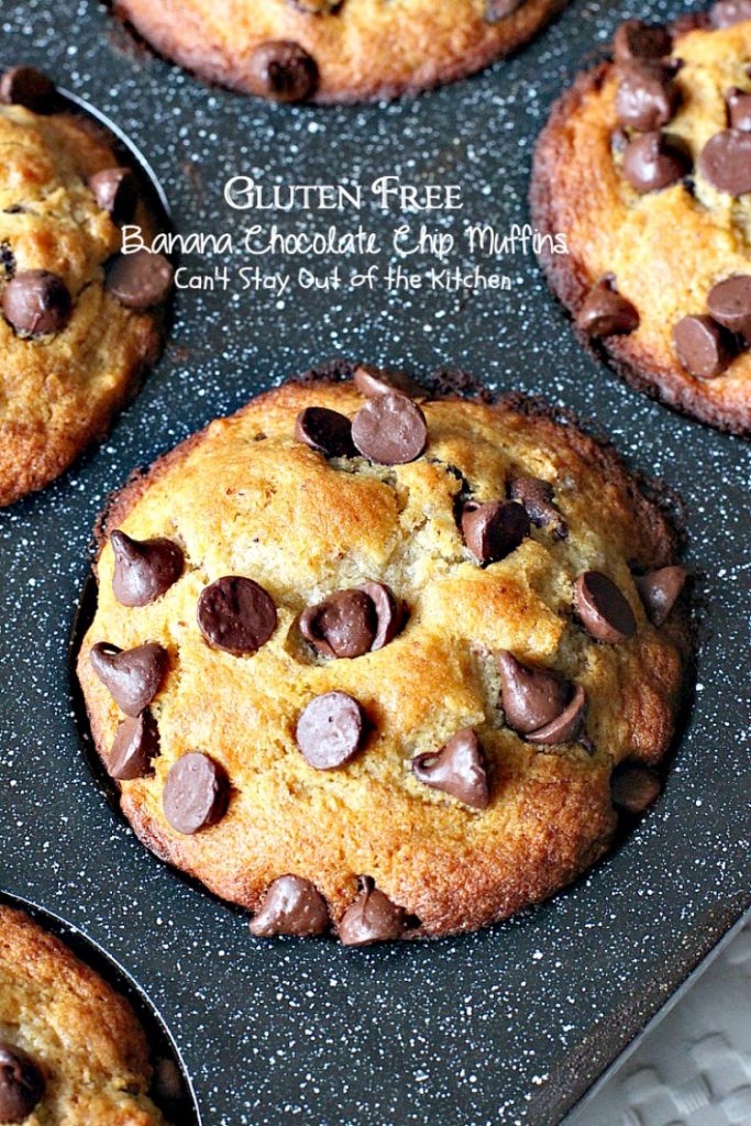 Gluten Free Banana Chocolate Chip Muffins | Can't Stay Out of the Kitchen | wow your company with these sensational #muffins for your next #holiday #breakfast. This #glutenfree version of a family favorite is amazing. #chocolate #bananas