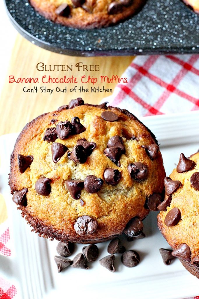 Gluten Free Banana Chocolate Chip Muffins | Can't Stay Out of the Kitchen | wow your company with these sensational #muffins for your next #holiday #breakfast. This #glutenfree version of a family favorite is amazing. #chocolate #bananas