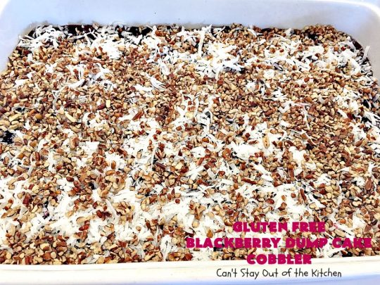 Gluten Free Blackberry Dump Cake Cobbler | Can't Stay Out of the Kitchen | this fantastic #dessert uses only 5 ingredients & takes 5 minutes to be oven ready. Our company raved over this scrumptious #blackberry #cobbler. Terrific for company or #holiday dinners. #glutenfree #glutenfreedessert