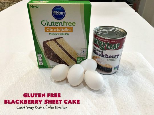 Gluten Free Blackberry Sheet Cake | Can't Stay Out of the Kitchen | your family will never believe this spectacular #cake is #GlutenFree! It's made with #BlackberryPieFilling & has a #CreamCheese icing to die for. Great for the #holidays. #dessert #SheetCake #HolidayDessert #GlutenFreeBlackberrySheetCake