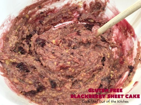 Gluten Free Blackberry Sheet Cake | Can't Stay Out of the Kitchen | your family will never believe this spectacular #cake is #GlutenFree! It's made with #BlackberryPieFilling & has a #CreamCheese icing to die for. Great for the #holidays. #dessert #SheetCake #HolidayDessert #GlutenFreeBlackberrySheetCake