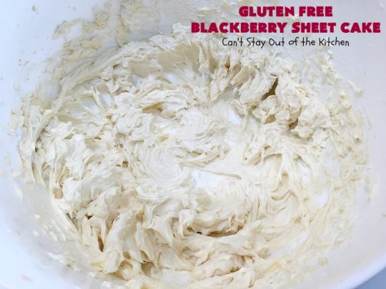 Gluten Free Blackberry Sheet Cake | Can't Stay Out of the Kitchen | your family will never believe this spectacular #cake is #GlutenFree! It's made with #BlackberryPieFilling & has a #CreamCheese icing to die for. Great for the #holidays. #dessert #SheetCake #HolidayDessert #GlutenFreeBlackberrySheetCake