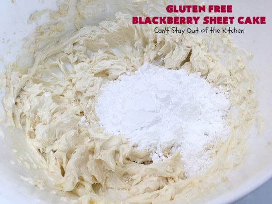 Gluten Free Blackberry Sheet Cake | Can't Stay Out of the Kitchen | your family will never believe this spectacular #cake is #GlutenFree! It's made with #BlackberryPieFilling & has a #CreamCheese icing to die for. Great for the #holidays. #dessert #SheetCake #HolidayDessert #GlutenFreeBlackberrySheetCake