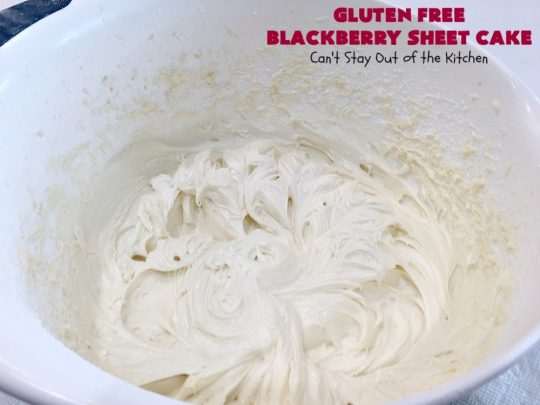 Gluten Free Blackberry Sheet Cake | Can't Stay Out of the Kitchen | your family will never believe this spectacular #cake is #GlutenFree! It's made with #BlackberryPieFilling & has a #CreamCheese icing to die for. Great for the #holidays. #dessert #SheetCake #HolidayDessert #GlutenFreeBlackberrySheetCake